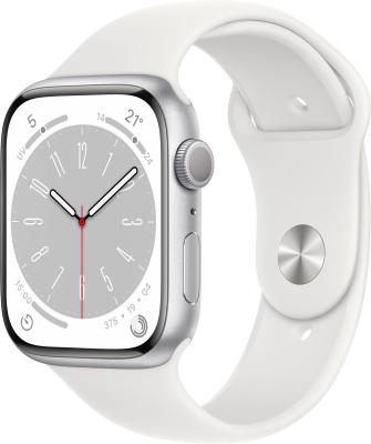 Refurbished Apple Watch serie 8 45mm Zilver (Wit) aluminium, witte sportband. Nieuwstaat. + CELLULAR2