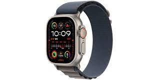Refurbished Apple Watch ULTRA 2 49mm + cellular. Naturel titanium Lichte Gebruikssporen met Blauwe Trail Loop band
