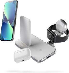 Zens 4in1 draadloze aluminium lader met stand wit - Qi/MFi-gecertificeerd - 2x10W + Apple Watch oplaadmodule + extra USB-A-aansluiting - geschikt voor iPhone 14/13/12 /11/X/XR/XS/8 | QI Android gsm | AirPods 2,3 & Pro - 45 (Nieuw, Geopende doos.)
