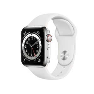 Nieuwe Apple Watch serie 6 40mm + cellular. Stainless Steel. Witte sportband