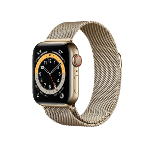 Refurbished Apple Watch serie 6 44mm + Cellular. Stainless steel goud milanese band. Nieuwstaat.