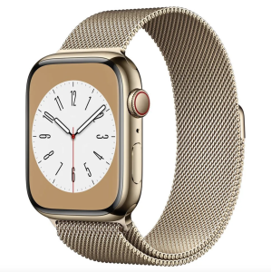 Refurbished Apple Watch serie 8 41mm stainless steel gold + Milanese gouden band. Nieuwstaat.  + CELLULAR. 