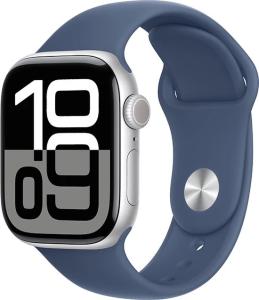 Refurbished Apple Watch serie 10 46mm. Silver met blauwe sportband. Lichte gebruikssporen.